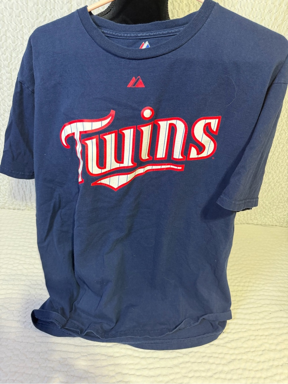 Majestic Navy 'Twins' Short Sleeve Tee with Red & White Script